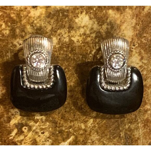 Judith Ripka Earrings Sterling Silver, CZ & Black Onyx Door Knockers Omega Backs - Picture 1 of 11